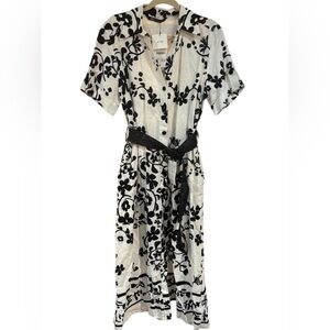 Zara Black & White Floral Button-Front Midi Dress with Belt